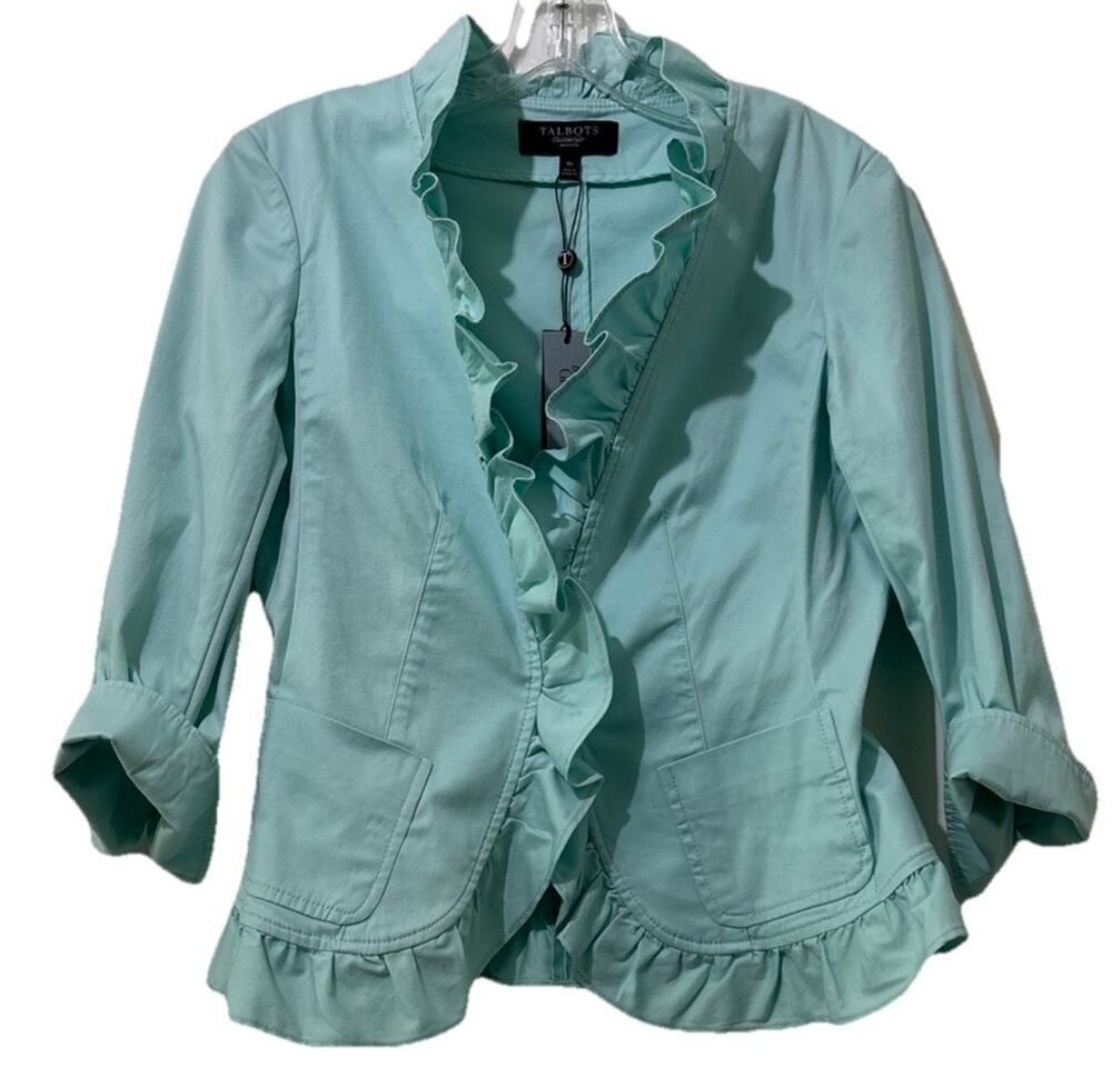 Talbots Ruffle Blazer Mint Green Size 4P The Grace Fit Cotton Blend 3/4 Sleeve